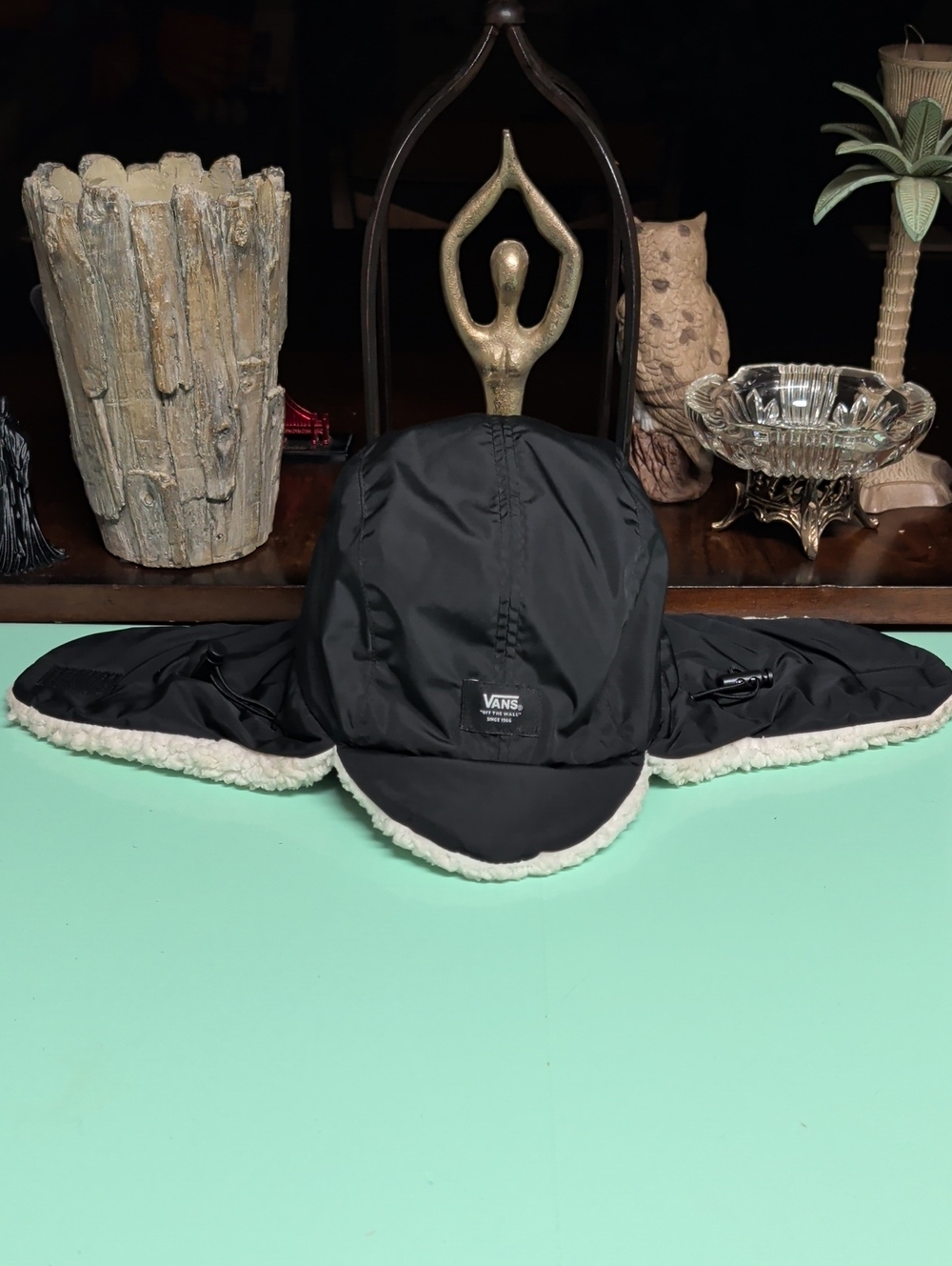 Vans Kids Black Puffer Trapper Hat with Cream Sherpa Trim